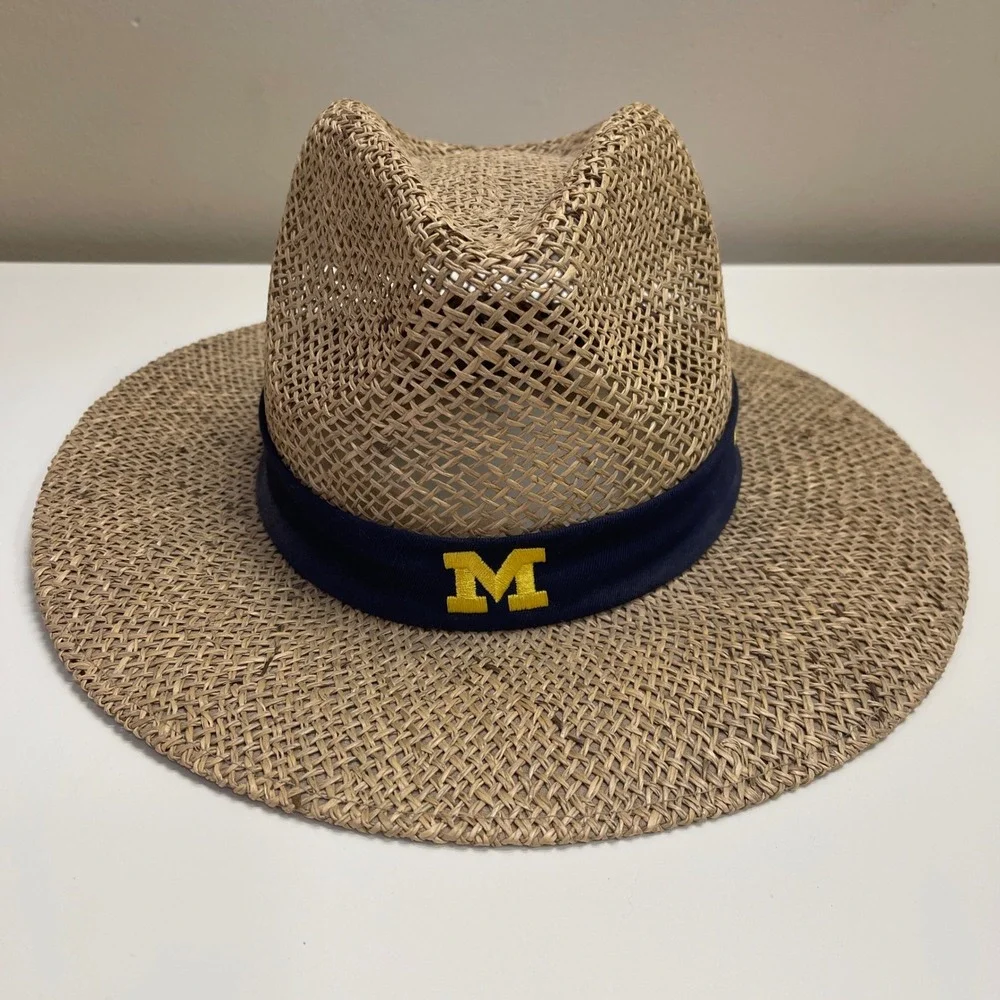 Vintage Nike Team Michigan Wolverines Straw Woven‎ Hat Navy Blue Yellow OSFM